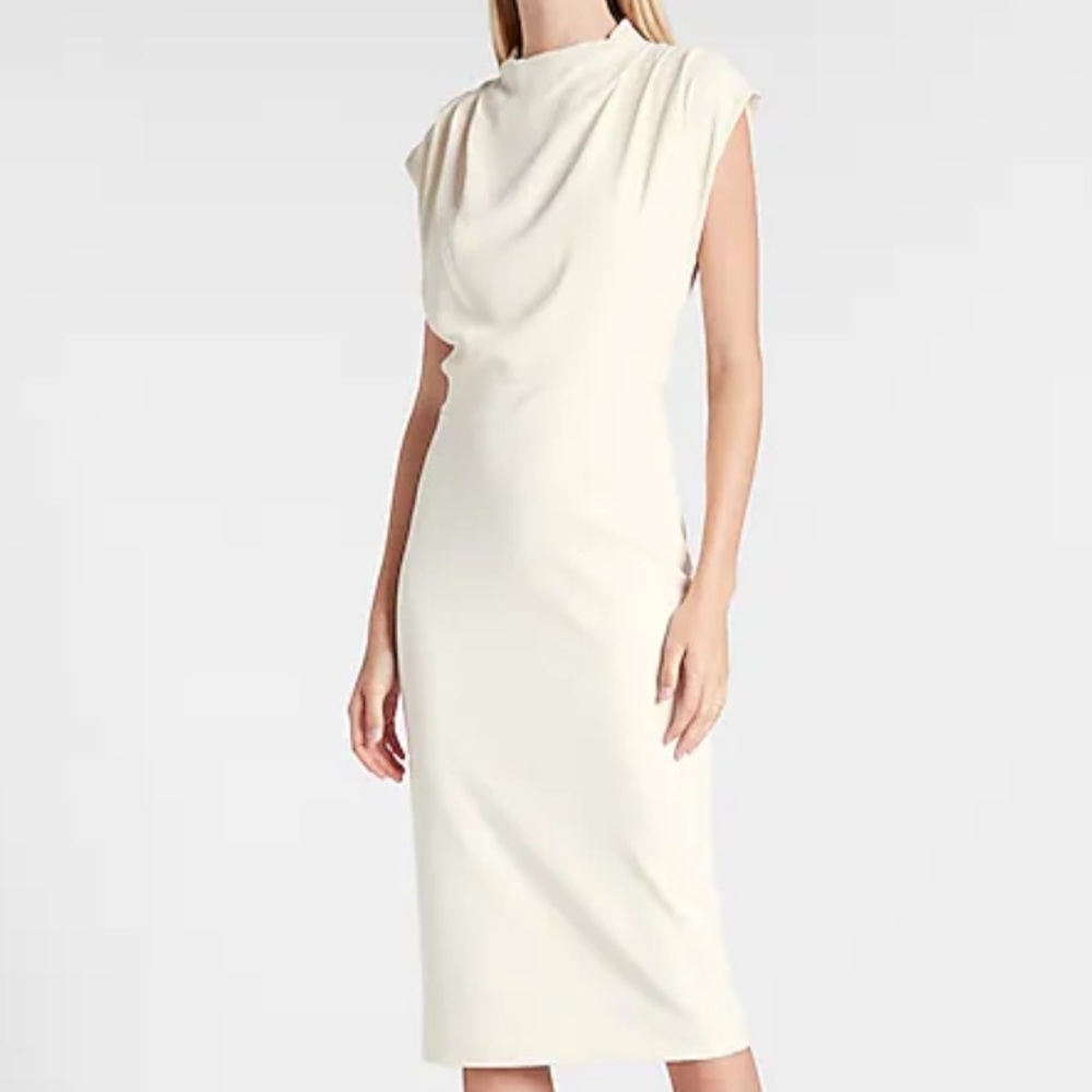 NWT Express Ivory Draped Mock Neck Midi Sheath Dress size S